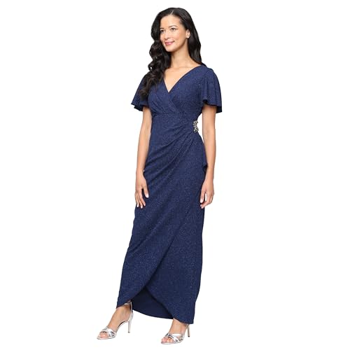 S.L. Fashions Women's Long Empire Waist Mother of The Bride Dress with Side Ruffle & Surplice Neck (Petite and Regular Sizes)