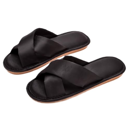 ZNEL Mujeres Hombres Punta Abierta Banda Cruz Rosa Pantuflas Planas De Raso Zapatos De Dormitorio Antideslizante Lenguado Sandalias De Boda(40/41 EU, Black-Men)