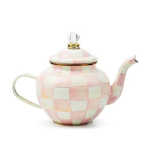 MACKENZIE-CHILDS Enamel Teapot, Cute Small Teapot with Lid, 4-Cup Capacity, Pink-and-White Rosy Check