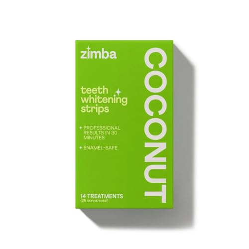 Zimba Coconut Flavored Teeth Whitening Strips - Vegan, Enamel Safe Hydrogen Peroxide Teeth Whitener for Coffee, Wine, Tobacco, and Other Stains - 14 Day Treatment - Coconut