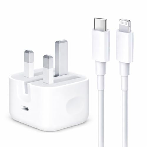20W USB-C PD Fast Charger UK Plug, Foldable 3-Pin Wall Charger with Lightning 1M Cable, Power Delivery Type-C Adapter for iPhone 14/13/12/11 Pro Max Mini, iPad Air/Pro, White