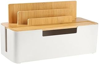 Cable Management Box with Wooden Lid, Multi-Device Organizer for Phones/Tablets/Smartwatches, Desktop Cord Organizer for Tidy Workspace (White)