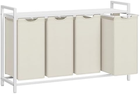 VASAGLE Wäschekorb 4 Fächer, mit Ablage, 160 L | Wäschesystem, 115,6 x 33 x 72,5 cm, Abnehmbar, Tragbar, Cremeweiß und Wolkenweiß, BRENTA Kollektion BLH401W01
