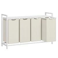 VASAGLE Wäschekorb 4 Fächer, Wäschesammler mit Ablage, Wäschebox, Wäschesack aus Oxford-Gewebe abnehmbar, Metallrahmen, 4 x 40 L, 116 x 33 x 72 cm, cremeweiß-mattweiß BLH401W01