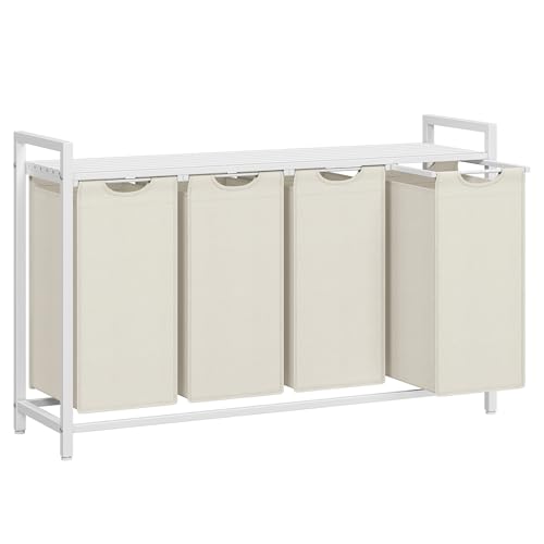 VASAGLE Laundry Hamper, Laundry Basket, Laundry Sorter with 4 Pull-Out and Removable Bags, Shelf, Metal Frame, 4 x 10.6 Gallons (40 L), 45.7 x 13 x 28.4 Inches, Cream White and Cloud White U