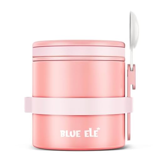 BLUE ELE Leakproof, Vacuum Insulated Thermos Hot Lunch Containers with Ceramic-Coated Stainless Steel, Easy Grip Lid, and Folding Spoon, 13.5oz, Carnation Pink