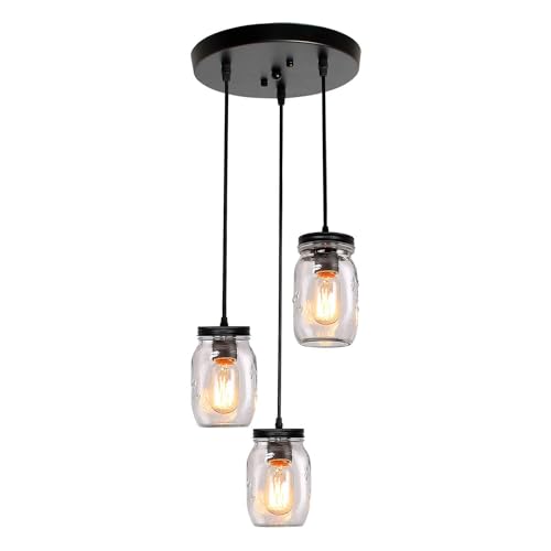 JWLUYN 3-Light Mason Jar Light Fixtures： Black Glass Pendant Lights