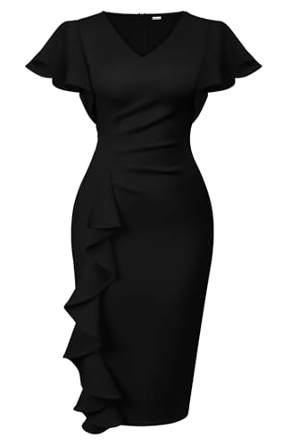 Memoriesea Women's Sexy V Neck Ruffle Short Sleeve Bodycon Cocktail Work Midi Dress