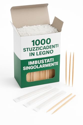 Terryshop74 Stuzzicadenti in Legno Imbustati Singolarmente – Confezione da 1000, Monouso, Igienici e Resistenti