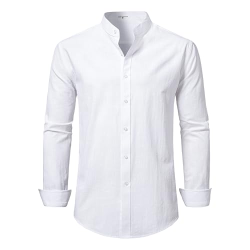 Mens Linen Band Collar Beach Shirts Casual Button Down Solid Plain Long Sleeve Hawaiian Shirts