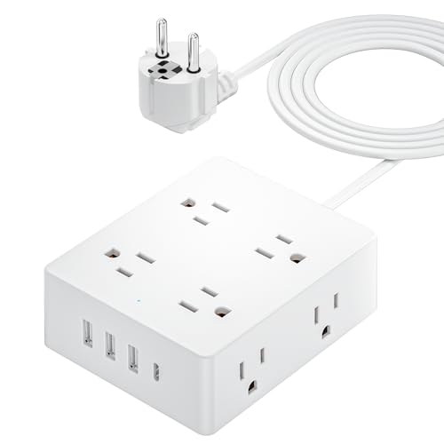 European Travel Plug Adapter Olcorife US to Europe Type E/F Plug Adapter International Power Strip with 8 Outlets and 4 USB(1 USB-C) 5 FT Cord for Germany France Iceland Spain