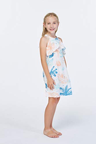 Girl Hawaiian Round Neck with Ruffle Dress in Blue Leaf3