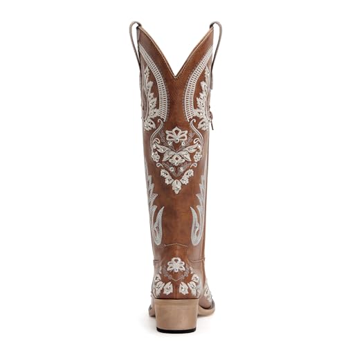 Image of vodvob Western Cowboy Boots for Women Rhinestone Knee High Cowgirl Snip Toe | Embroidery,Faux Leather Upper,Side Zipper,Pull-On Tabs,Chunky Heel,Wedding,Formal,Party,Country Concert