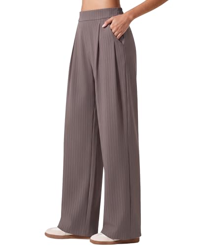 G4Free Yoga Dress Pants Women Wide Leg Pleated Taupe Pinstripe,XL,Regular