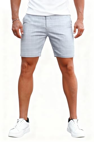 Image of GINGTTO Mens Slim Fit Shorts Plaid Chino Short Tapered Leg Skinny Stretch