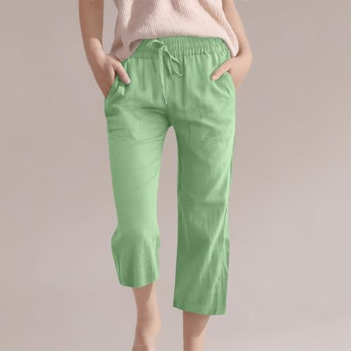 Teen Girls Cotton Linen High Waist Pants Kids Summer Cropped Preppy Sweatpants Cozy Lightweight Baggy 3/4 Trousers4