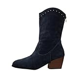 Dasongff Women's Square Toe Cowboy Vaquera Boots Pull On Low Chunky Heel Mid Calf Western Boots with Embroidered Stitched for Theme Party Country Concierto, Z Azul, 38 EU