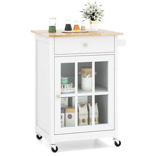 COSTWAY Carrito de Cocina, Isla de Cocina con 4 Ruedas, Tablero de Madera de Caucho, Cajón, Toallero, Estante Ajustable de 3 Niveles, Puerta de Vidrio Templado, Carro de Servicio para Comedor
