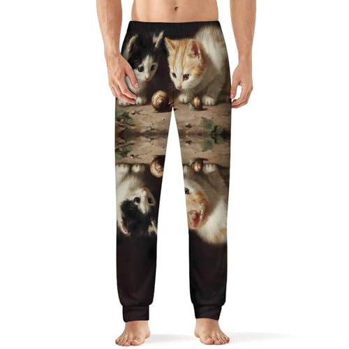 Cute Kittens Cats with Snails Men's Pajama Bottoms Sleep Lounge Soft Comfy Pants Sleepwear