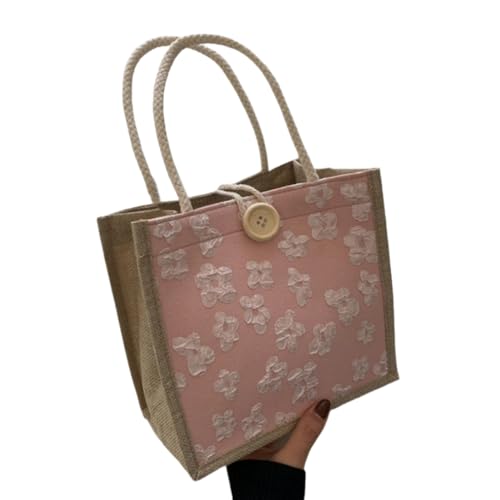 Bolsa de mão de linho reutilizável pequena estampa de flores mini sacola simples lancheira (rosa)