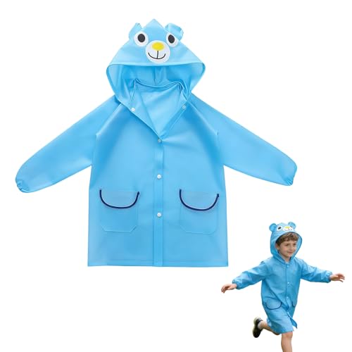 QTORCHE Poncho de Pluie Enfant Motif Ours Bleu - Imperméable à Capuche Léger et Souple - Manteau de Pluie pour Fille et Garçon 3-7 Ans (80-130 cm) - Cape de Pluie Mignonne pour École, Vélo et Voyage