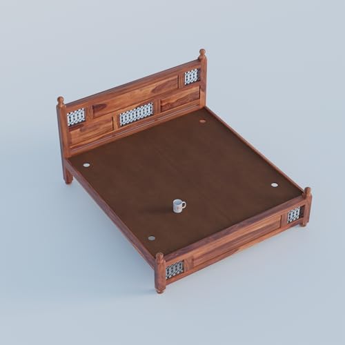 Image of Classic Jali Sheesham Wood King Size Bed Without Storage (84x74 Inch) | Wooden Double Bed Cot for Bedroom Furniture | Modern Palang Design for Home & Hotels | Honey Finish