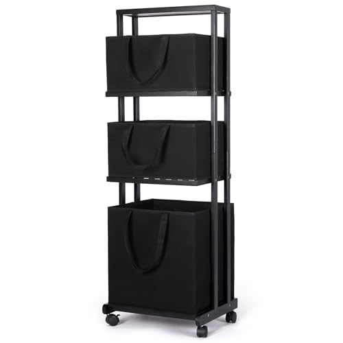 Yorbay Cestos para la Colada，Estantería de Baño en Bambú con Ruedas, 121x42x34cm, Para Ropa Sucia, Armario con Cesta para Organización de Colada (Negro)