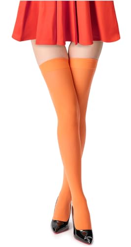 UXQEJO Womens Hold-ups Knee High Long Socks Snag-Resistant Thigh High Opaque Stockings Costume Hosiery for Halloween Orange