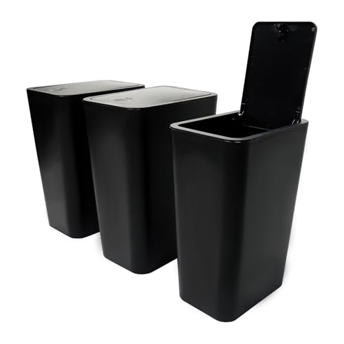 Bathroom Trash Can with Lid 3-Pack Kitchen Trash Can 2 Pack 15L + 1 Pack 10L Small Trash Can Slim Compost Bin for Bathroom Kitchen Bedroom Living Room Office Laundry Room Black