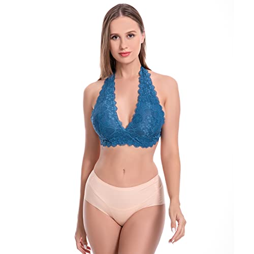 Image of Floral Lace Halter Bra Bralette Top Hook and Eye Closure Back Unpadded Wirefree Lace Bra