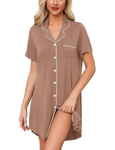 Image of Anjue Pajama Nightgowns for Women Button Down Pajamas Tops Short/Long Sleeve Sleepwear Sleep Shirts Nightdress S-XXL