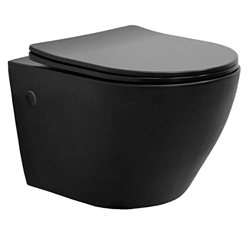 ECD Germany Toilette Suspendu sans Rebord, Noir Mat, avec Siège WC Amovible en Duroplast, Softclose Abaissement Automatique, Chasse d'eau Profonde Saillie Courte 49 cm, WC en Céramique Salle de Bain
