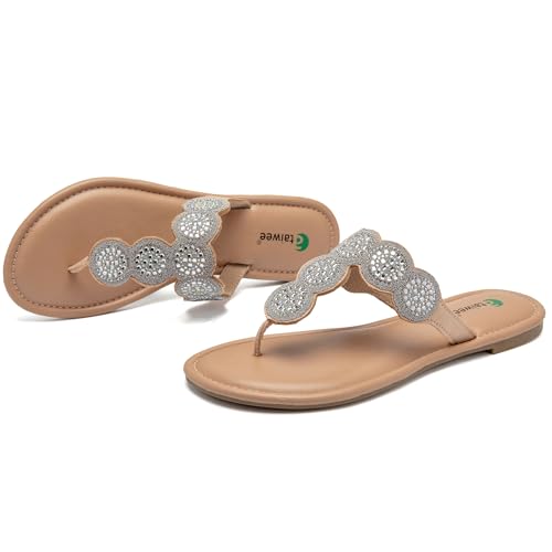 Image of Ataiwee Women's Bohemian Bling Flat Slide Sandals - Casual Summer Thong Sandals with Rhinestone Decor, Rubber Sole, Lightweight & Comfortable for Casual Attire Strappy Sandals.