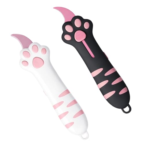 Ujukoxc Pink and Black Two-PackCat Paw Box Cutter Retractable Cat Claw Box Cutter Stainless Steel Blade for Package Opening