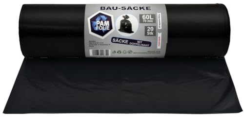 PAM-FOLIE Bolsas de basura de 60 l – 20 unidades – Bolsas de basura extragruesas fuertes, profesionales – 60 x 70 cm – 70 µm – Bolsas de basura negras – Bolsas para residuos de construcción