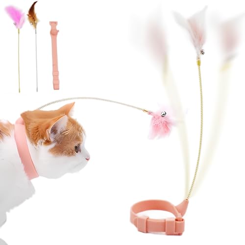 Cdipesp Cat Collar with Feather Toy Attached Interactive Cat Feather Wand Toy Kitty Teaser Toy Cat Neck Toy Hands Free Teasing Wand Feather Silicone Adjustable Collar for Indoor Cat Exercise