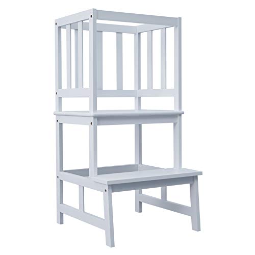 WORTHYEAH Kids Step Stool with Safety Rail, Bamboo Toddler Kitchen Step Stool, Step Tower for Toddlers, Kitchen Helper Stool for Kids, Mother’s Help Stool
