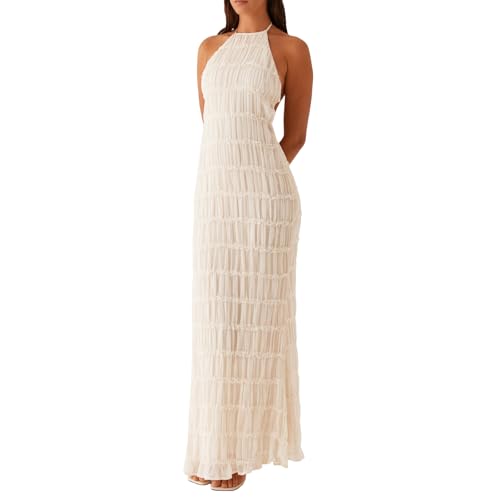 Edhomenn Langes Damenkleid, gerüscht, figurbetont, ärmellos, rückenfrei, einfarbig, Strandkleid, Sommer, Urlaubskleidung, 01 apricot, M