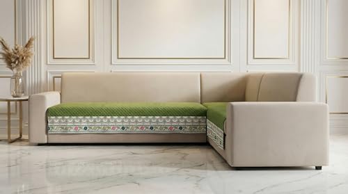 Image of Velvet Quilted Sofa Cover Mat Seat & Back, L Shape 3+2, Main L69in Chaise L46in H32in, Green Color,Anti Skid Backing, 6in Hanging Strap Design, Washable Sof, Style -Green-L32