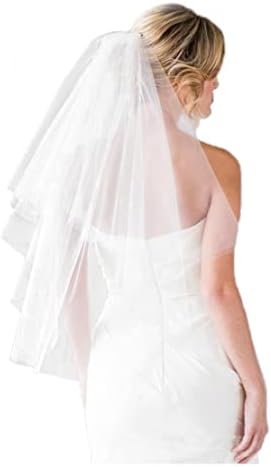 Fangsen Wedding Bridal Veil with Comb 2 Tier Tulle Short Wedding Veil Fingertip Length （ 2T Fingertip Light Ivory）