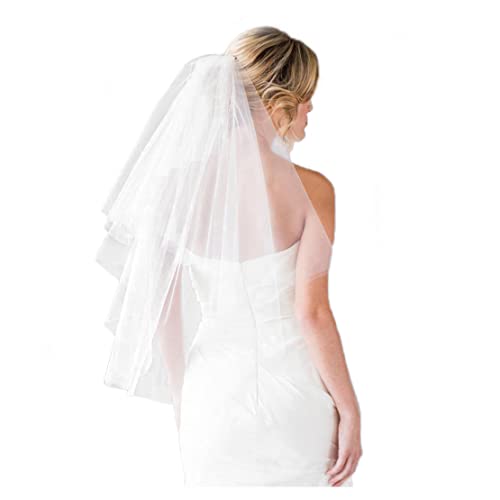 Fangsen Wedding Bridal Veil With Comb 2 Tier Tulle Short Wedding Veil Fingertip Length （ 2T Fingertip Light Ivory） #TOP1