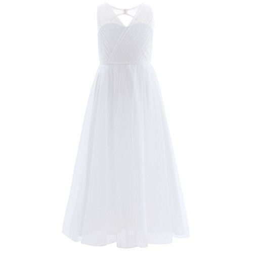 ranrann Enfant Princesse Robe de Soirée Longue Fille Tulle Robe Mariage Demoiselle d'honneur Robe Cérémonie sans Manches Tutu Robe Anniversaire Bal Taille Haute 4-14 Ans Blanc 10 Ans