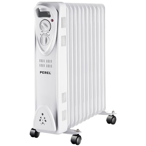 Perel Radiateur à huile 2500W avec 11 ailettes, 3 niveaux de chauffe, thermostat réglable, poignée, roulettes, protection anti-surchauffe et basculement, chauffage d'appoint portable, silencieux et