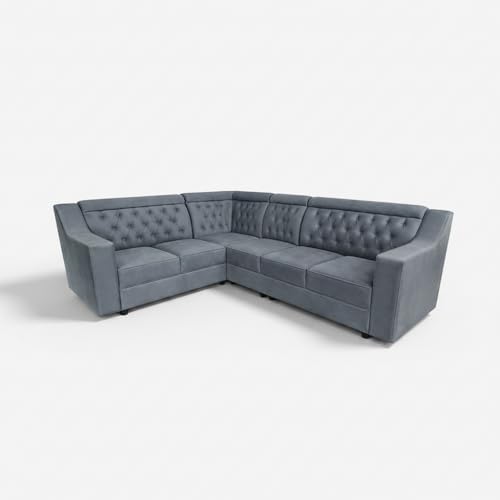Image of APRODZ Wooden Sofa Set 6 Seater for Living Room, Solid Wood L Shape Sectional Sofa with Velvet Fabric Upholstery, Cushioned Seating for Home, Office & Lounge, Grey