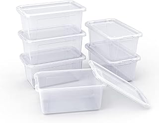 Gamenote Plastic Storage Bins with Lids - 5 L, 6 Pack Clear Small Stackable Cubby Storage Organizer Containers for Organizing (11.7 × 7.1 × 5.1 inches)