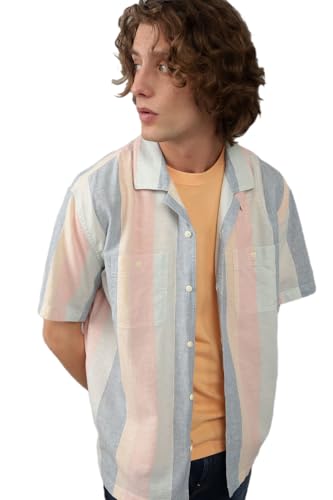 Image of American Eagle Men Multi-Colored Linen-Blend Striped Button-Up Poolside Shirt