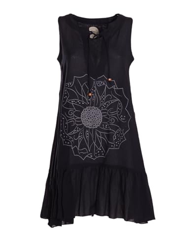 Vishes Alternative Bekleidung - Damen mittellanges Kleid Baumwolle Blumen-Muster Hängerkleid mit Schnürung und Holzperlen schwarz 36