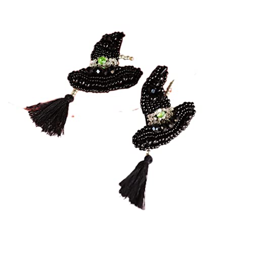 Halloween Witch Hat Beaded Earrings, Black Spooky Broom