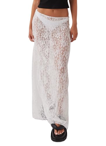 Women's Lace Long Skirts Vintage High Waist Solid Color Seethrough Midi Skirts Y2k Summer Slim Fit Skirts