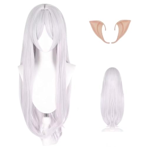 SisiruKou Anime Cosplay Wigs +(Elf ear) Womens Long straight Silver White Princess Wig Halloween Costume Party Synthetic Wigs